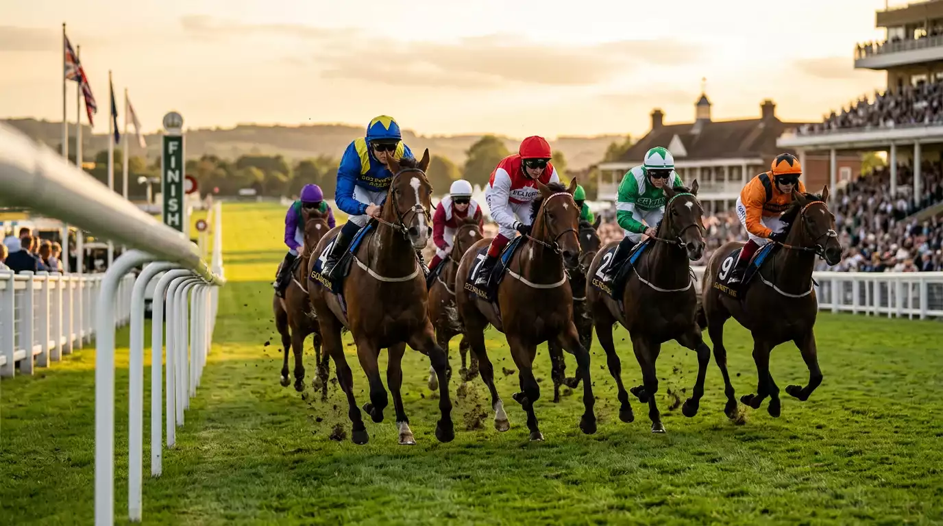 UK racecourse with runners approaching the finish — place bet horse racing guide