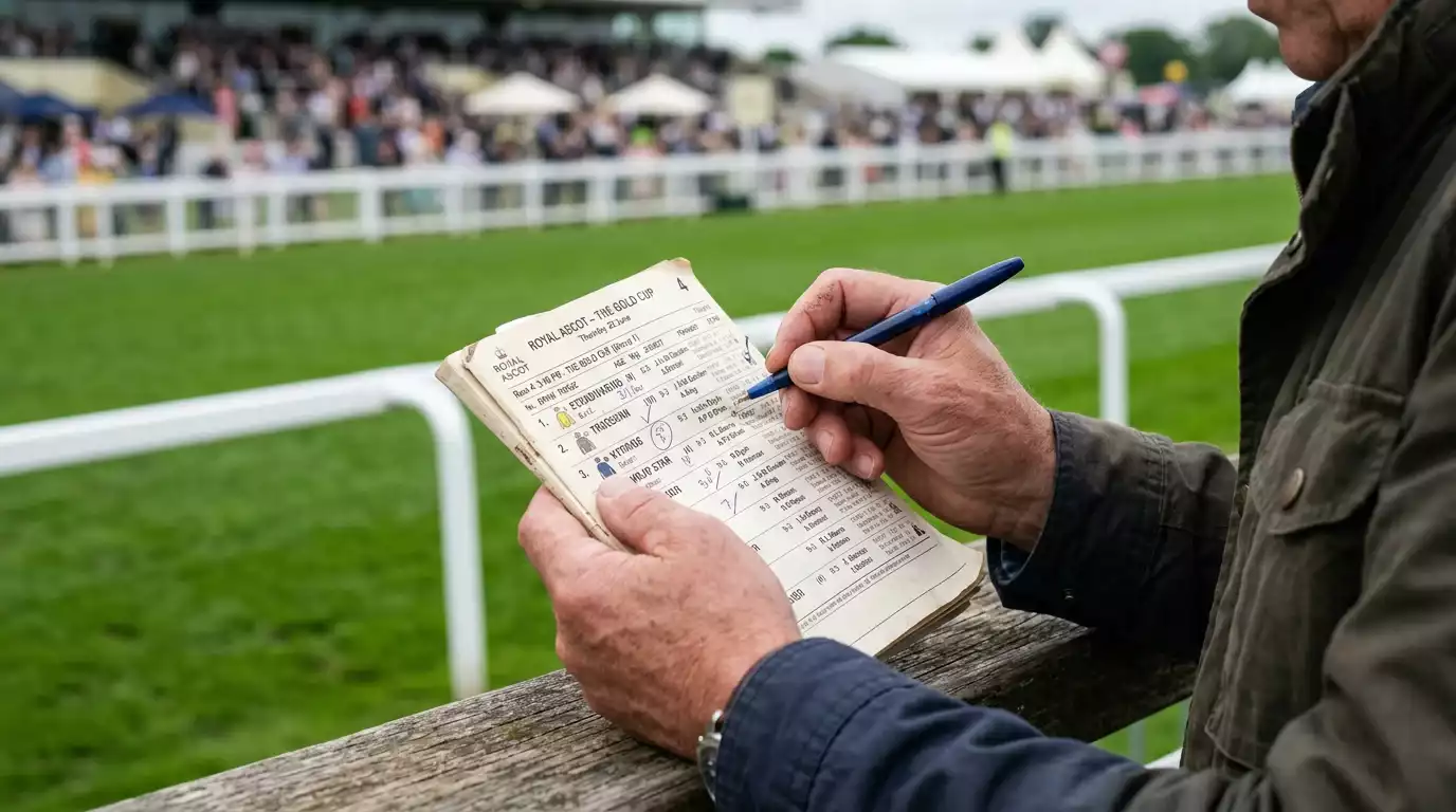 Close-up of a person holding a printed UK racecard and pen at a racecourse with the track blurred in the background