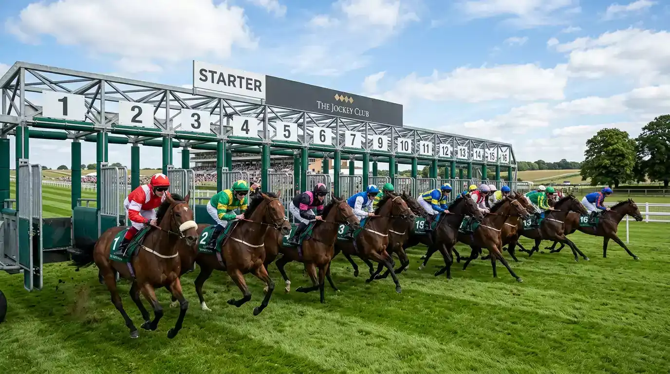 Large field of runners bursting from the starting stalls at a UK flat racecourse with green turf and white rails